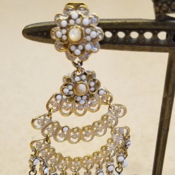 RARE VINTAGE JOSE & MARIA BARRERA WHITE STONE GOLD DROP CHANDELIER EARRINGS - Picture 2 of 10